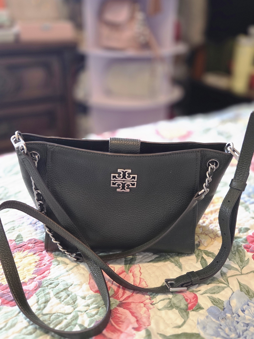 Tory Burch Black Pebbled Leather Chain-Trim Crossbody